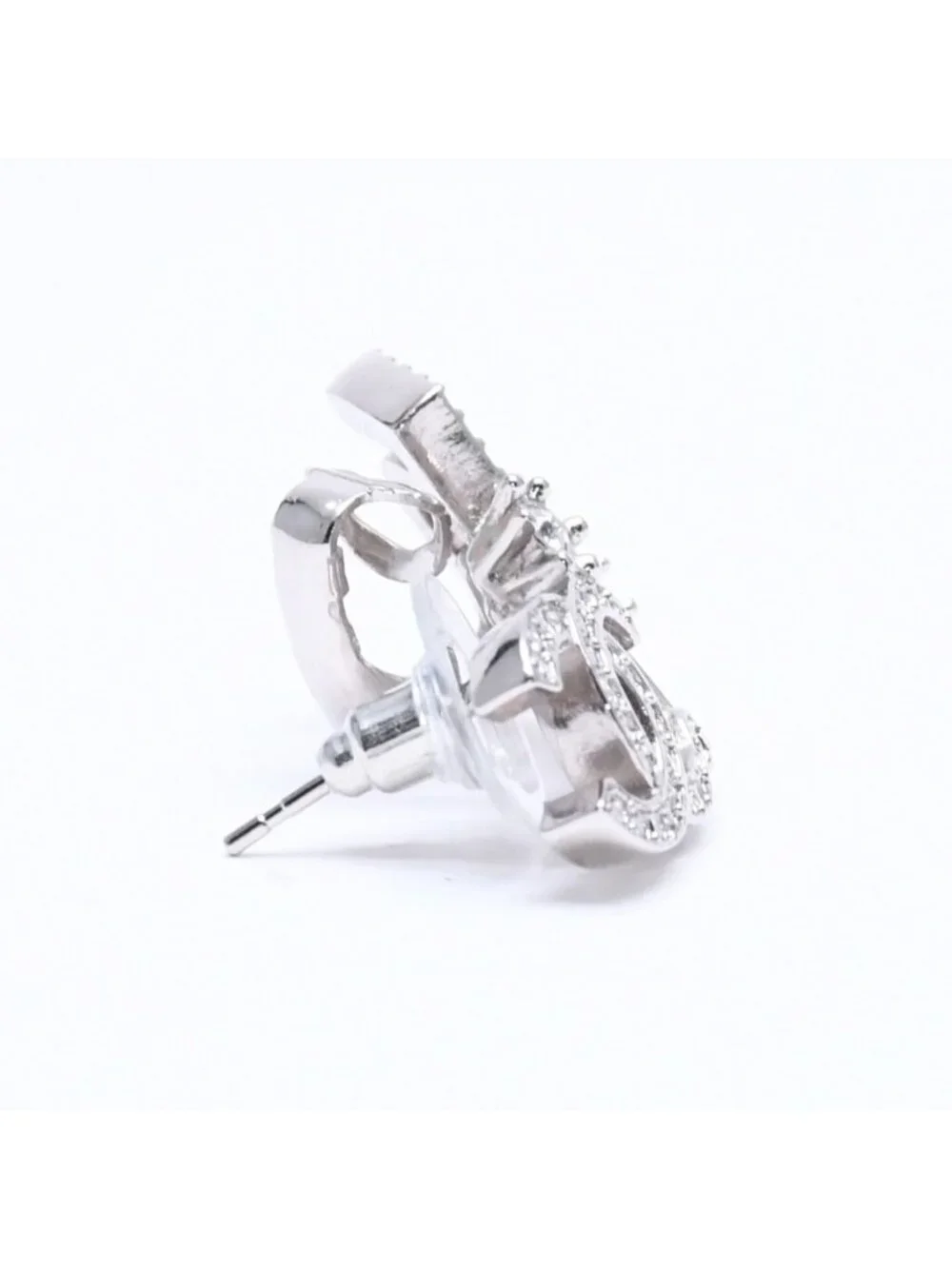Chanel Earrings Cuff CC Logo & Stamp Metal Rhinestone Silver